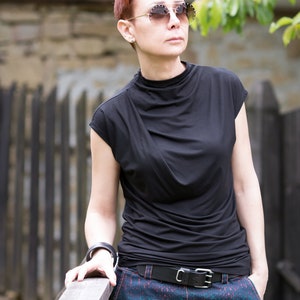 Minimalist Black Top, Cap Sleeve Top, Blouses for women, Blouse for an event, Cocktail top, Short Sleeve blouses, Summer jersey top zdjęcie 4