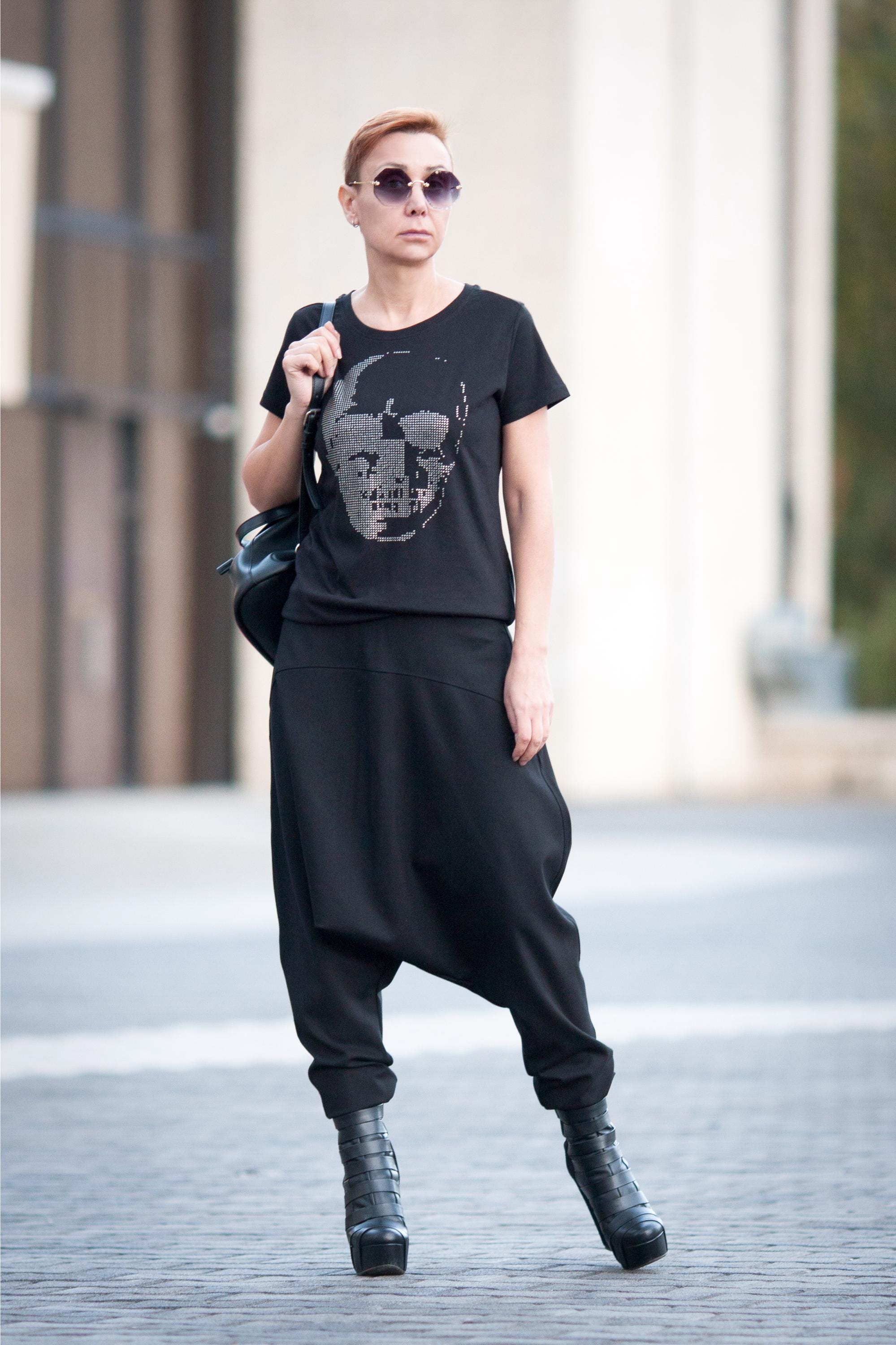 Black Harem Pants Drop Crotch Women Loose Fit - Etsy