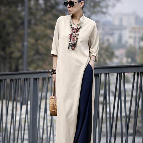 Two Piece Linen Set Long Tunic Wide Leg Pants Relaxed Summer Outfit