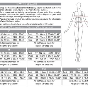 Size chart with detailed body measurements for accurate fit selection