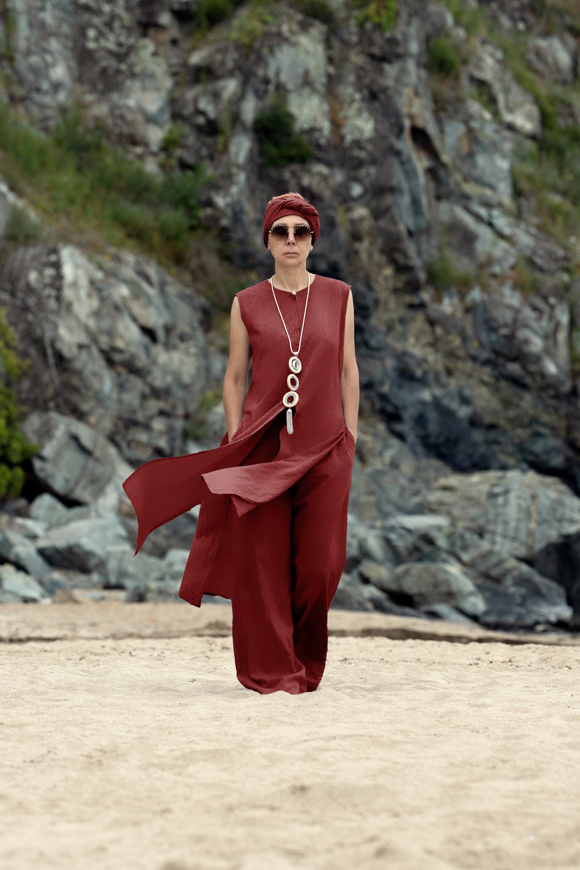 Burgundy Linen Two Piece Set – Long Tunic and Wide Leg Pants for