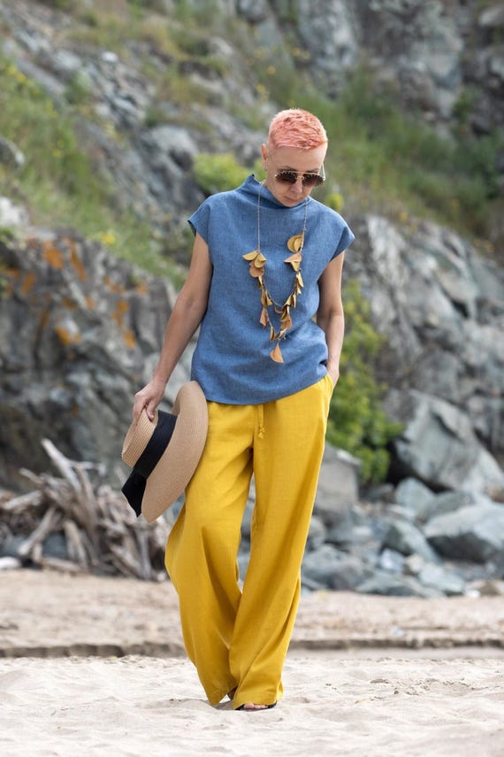 Linen Turtleneck Blouse – Minimalist Cap Sleeve Top for Women, Summer Wardrobe Handmade