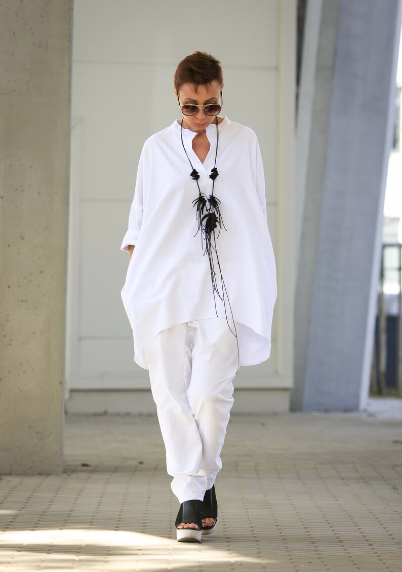 Linen Top Shirt Dress Loose Linen Blouse White Linen Shirt image 0