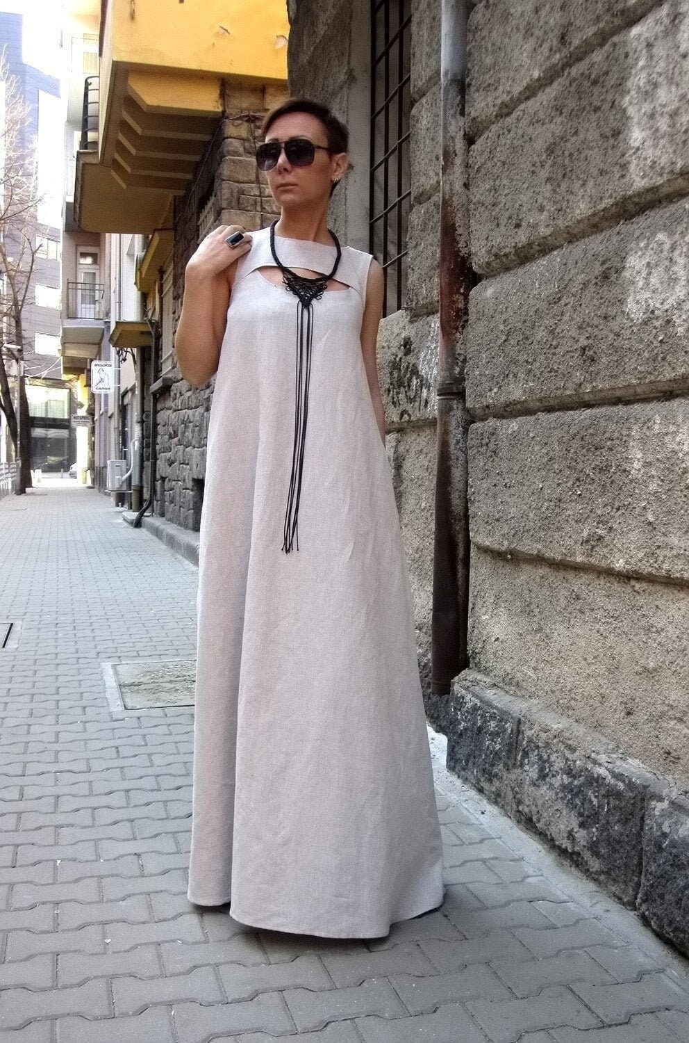 Handmade Leinen Maxi Kleid: Ärmelloses Sommer Hochzeitsgast Gast Outfit