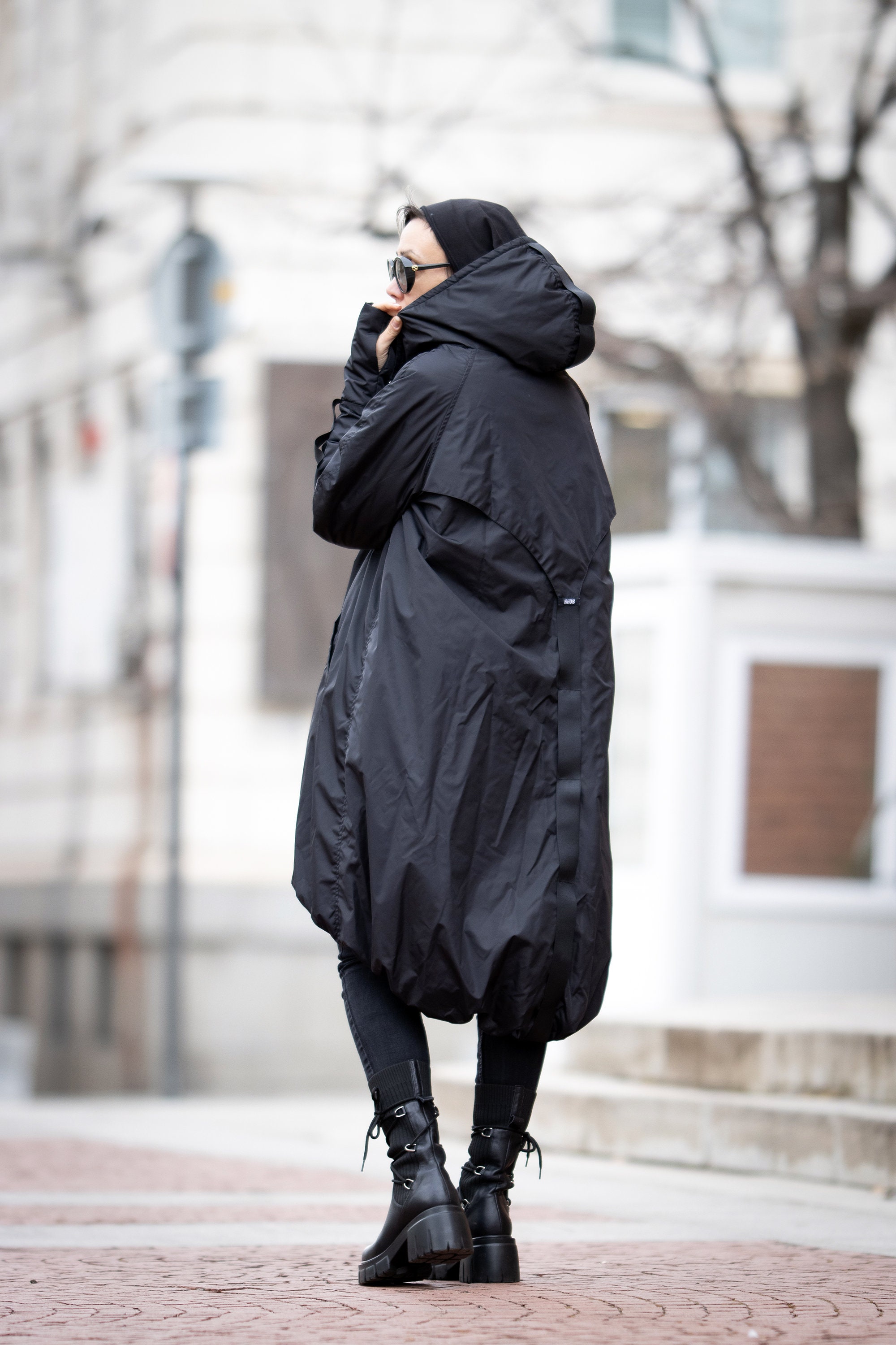 Black Quilted Asymmetrical Jacket, Hooded Minimalist Womens
