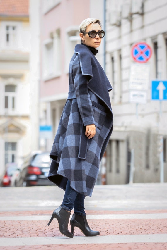 Winter Long Coat - Swing Belted Blue Plaid Outfit, Dress Coat, Wool Overcoat, Fall Style Winter Long Coat - Swing Belted Blue Plaid Outfit, Dress Coat, Wool Overcoat, Fall Style