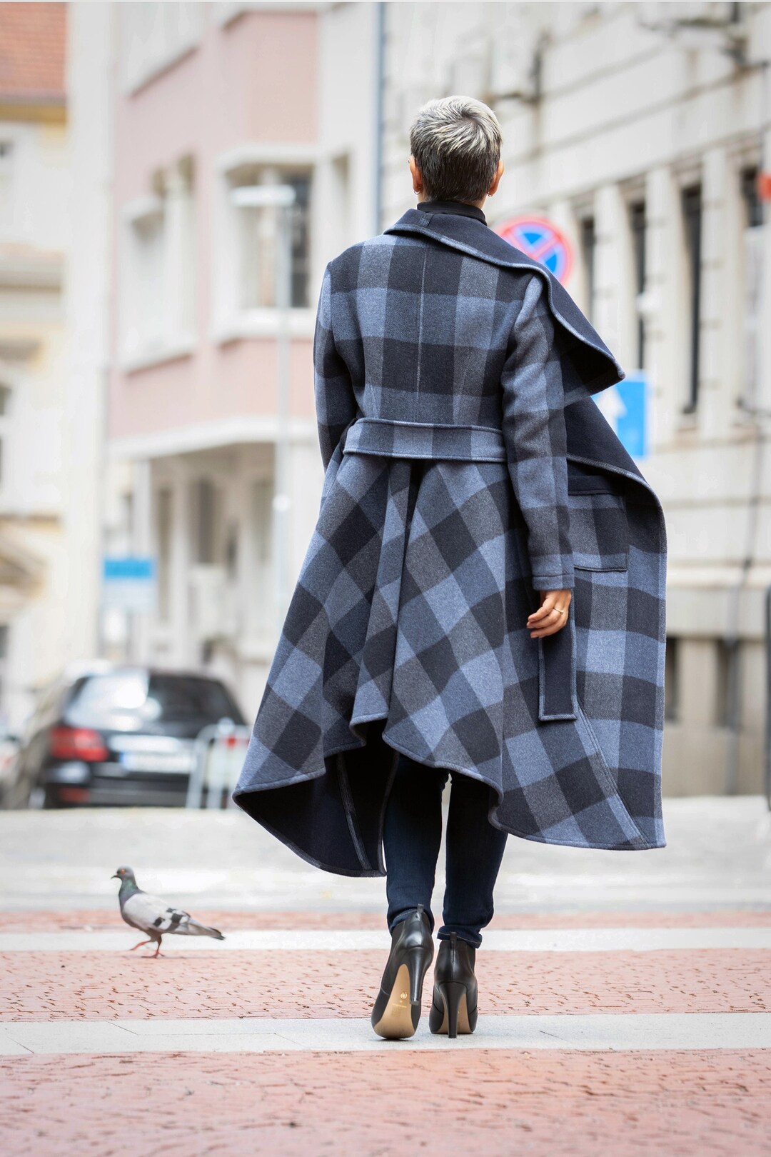 Langer Wintermantel Swing Belted Blaues Kariertes Outfit, Kleid