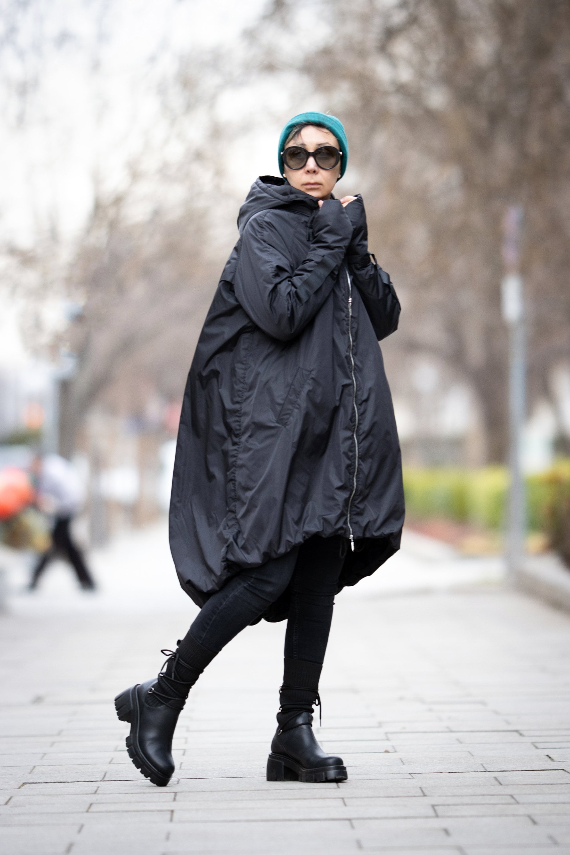 Black Quilted Asymmetrical Jacket, Hooded Minimalist Womens