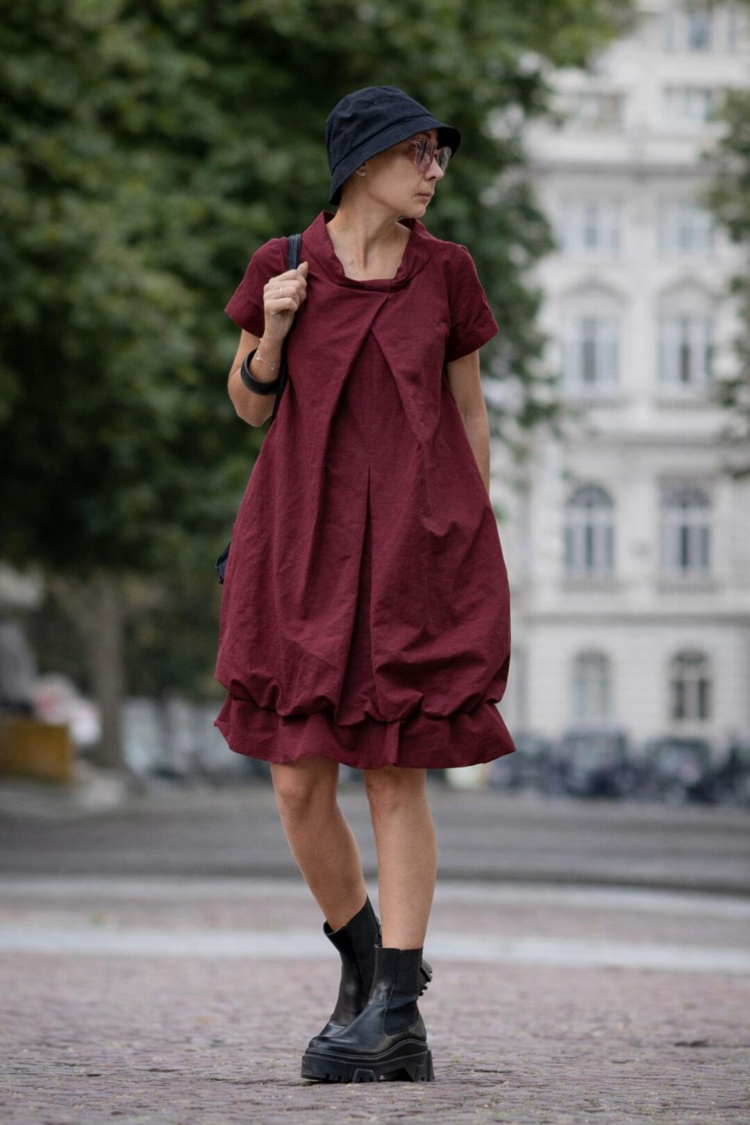 Burgundy Linen Dress Midi Short Sleeve Relaxed Fit Summer Womens Dress