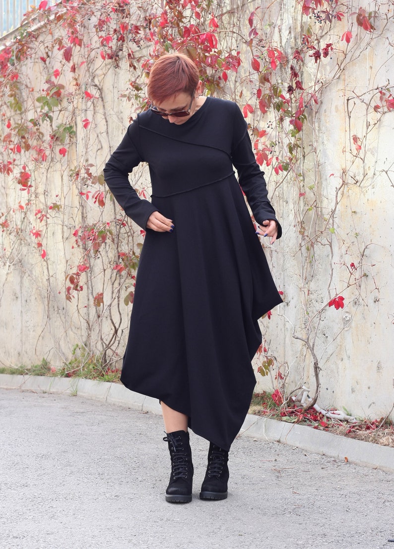 Deconstructive dress/ Dress women/ Long Sleeves Dress/ Black Dress with Pockets/ Asymmetrical Dress/ Casual Dress/ Long dress/ Dresses/Tunic image 4