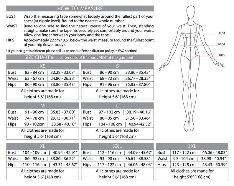 May include: Size chart for clothing with measurements in inches and centimeters. The chart includes bust, waist, and hip measurements for sizes XS, S, M, L, XL, XXL, and 3XL. All sizes are made for a height of 5'6" (168 cm).