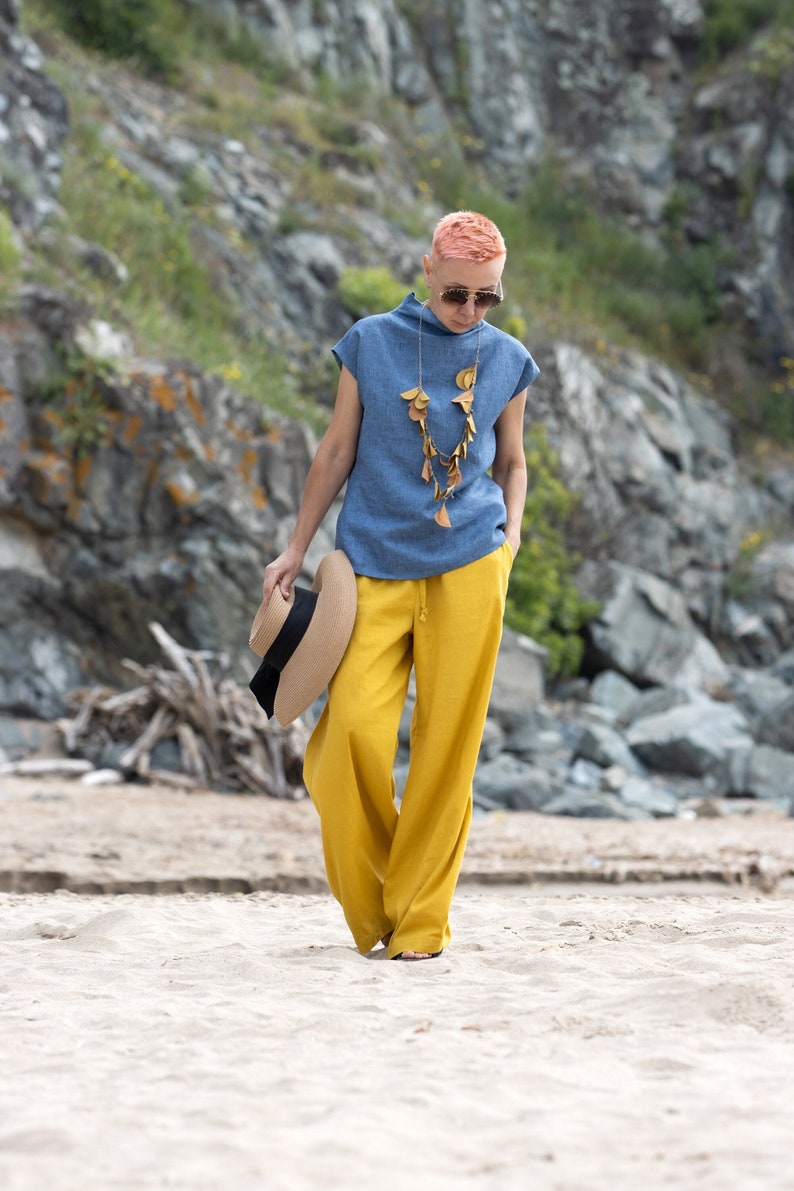 Minimalist linen top, Cap sleeve linen blouse, Simple linen shirt, Casual linen shirt, Stylish cap sleeve shirt, Chic top, Sleek linen tee image 1