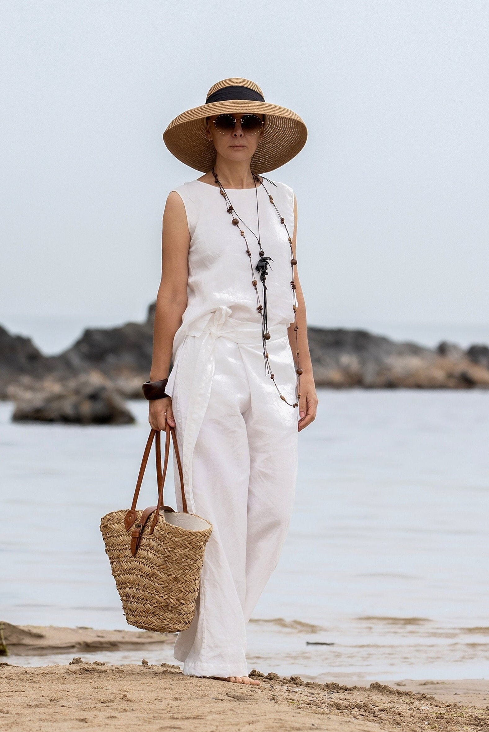 White Linen Pants, Linen Wrap Pants, Wide Leg Pants, Relaxed