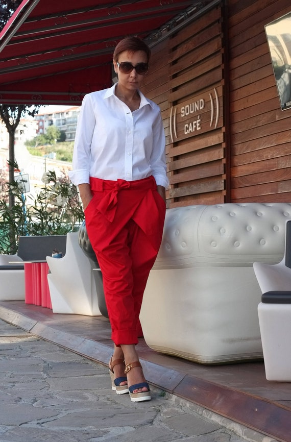 White Pants/ Pants Women/ Red Wrap Pants/ Casual Pants/ Cotton