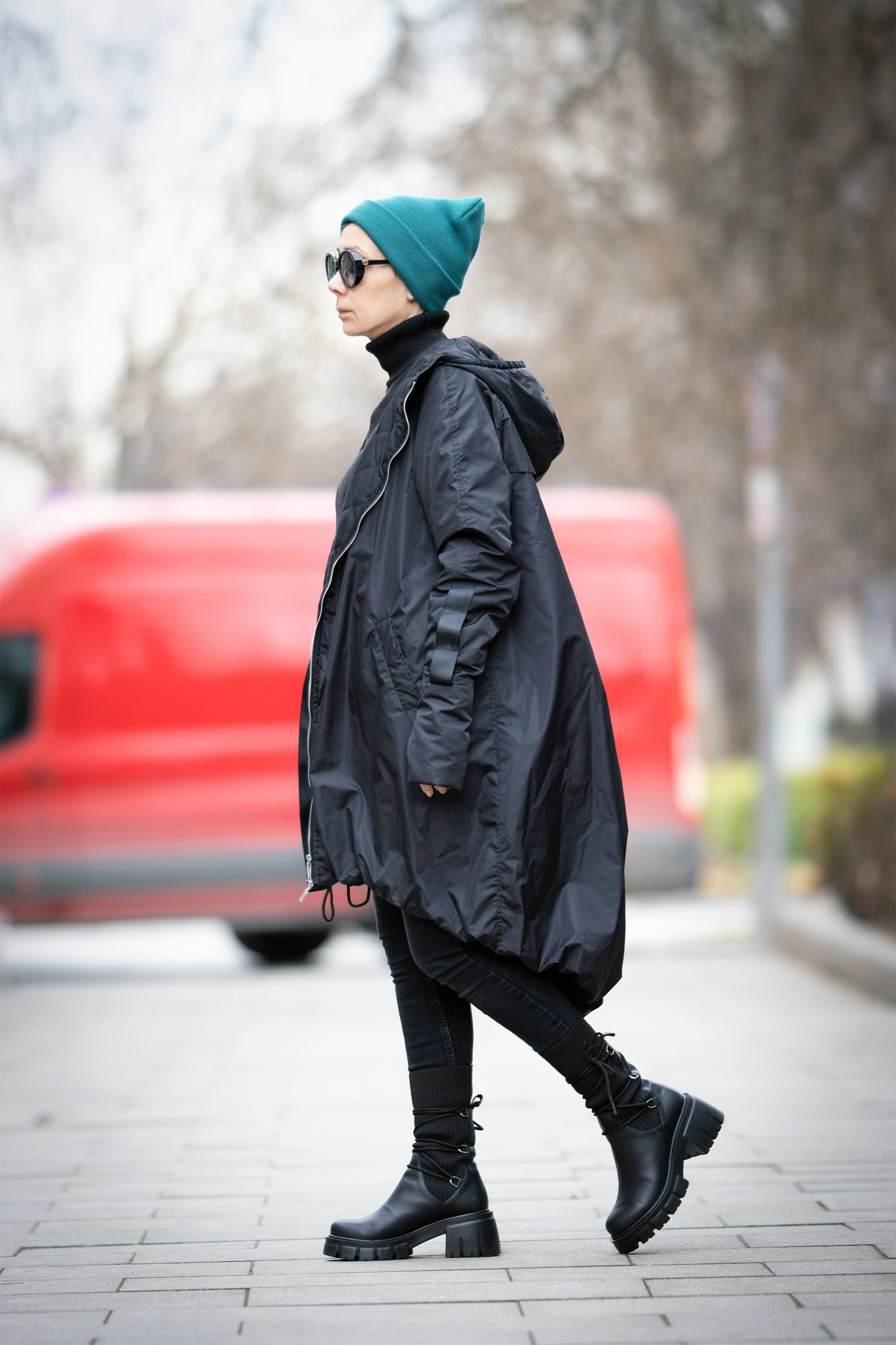 Black Quilted Asymmetrical Jacket, Hooded Minimalist Womens