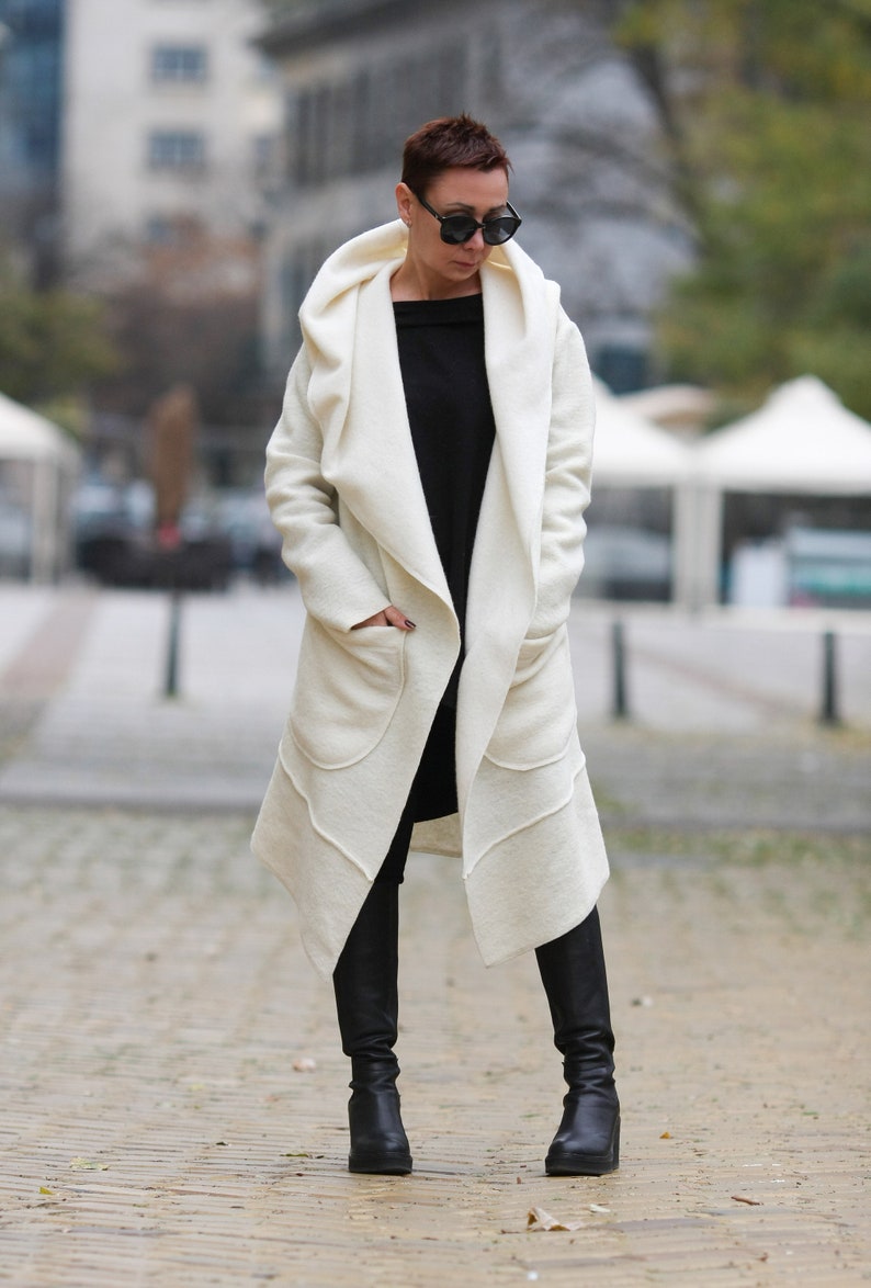 Hooded coat for women/ White coat/ Wool cardigan/ Wool coat/ Cloak women/ Coat with pocket/ Designer top/ Fashion coat/ Unisex coat/ Belt image 1