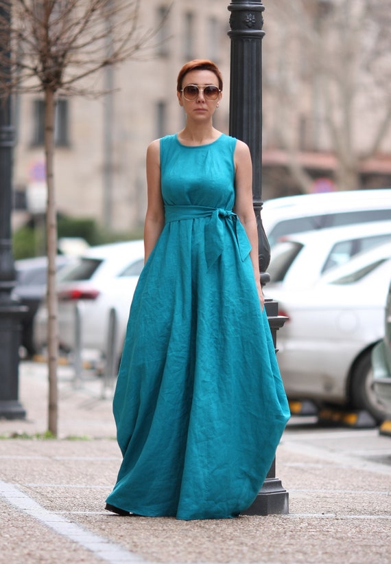 chinese dress ladies White Linen Maxi Dress with Belt main image 1