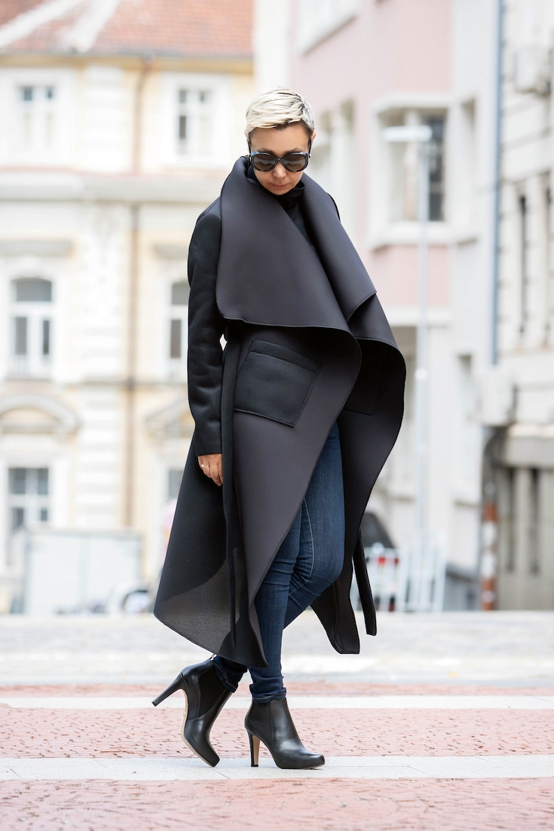 Black Coat/ Lightweight Women's Coat/ Asymmetric Coat/ Elegant Coat/ Occasion Coat/ Women's Coat/ Trend Coat/ Belted Coat/ Neoprene/ NEW image 1