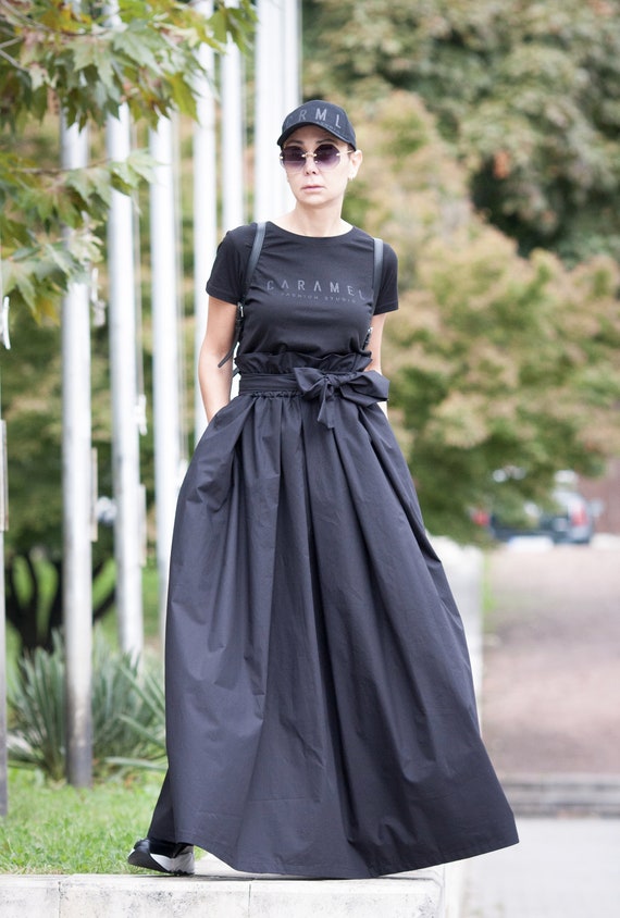 Black Maxi Skirt Floor Length Skirt Long Cotton Skirt High Waist Skirt Skirt Women Plus Size Long Dress Skirt With Belt And Pockets