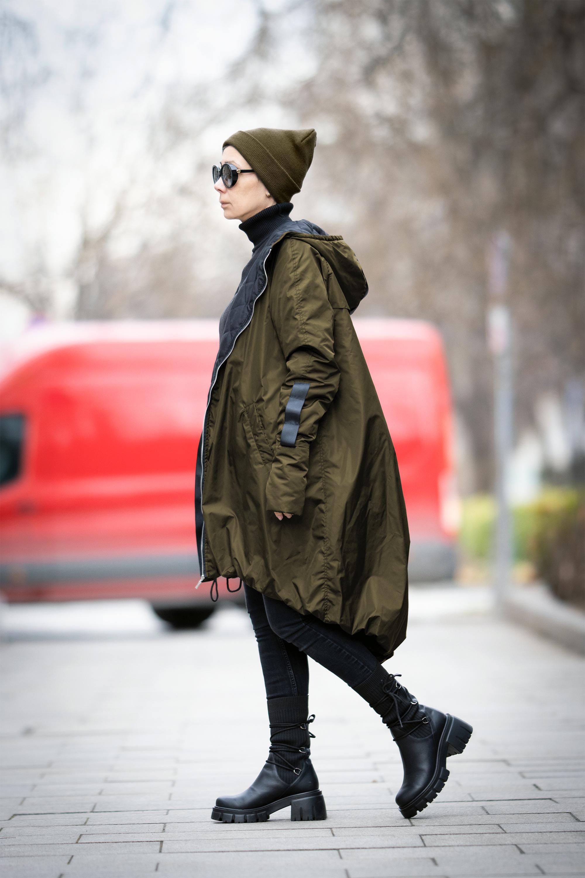 Black Quilted Asymmetrical Jacket, Hooded Minimalist Womens