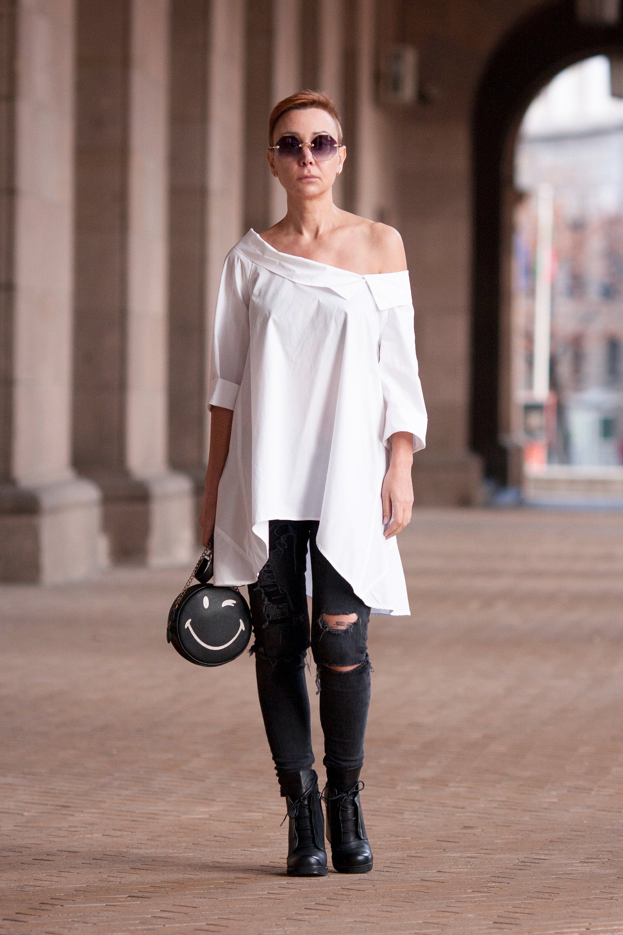 White Cotton Blouse – off Shoulder Asymmetrical Top for Women 