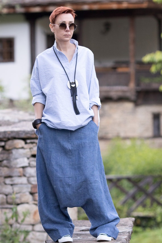 Linen Harem Pants/ Harem Pants Women Men/ Loose Linen Trousers/ Drop Crotch  Check Pants/ Blue Flax Pants/ Boho Baggy Pants/ Linen Clothes 