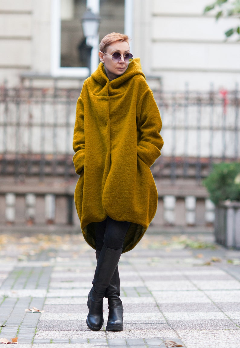 Coat for women/ 100% Wool coat/ Hooded coat/ Winter coat/ Extravagant coat/ Plus size/ Designer coat/ Jacket/ Hooded cardigan/ High quality Mustard