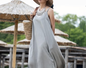 Maxikleid aus Leinen – ärmelloses Spaghetti-Träger-Sommerkleid für Frauen, elegantes Strandoutfit
