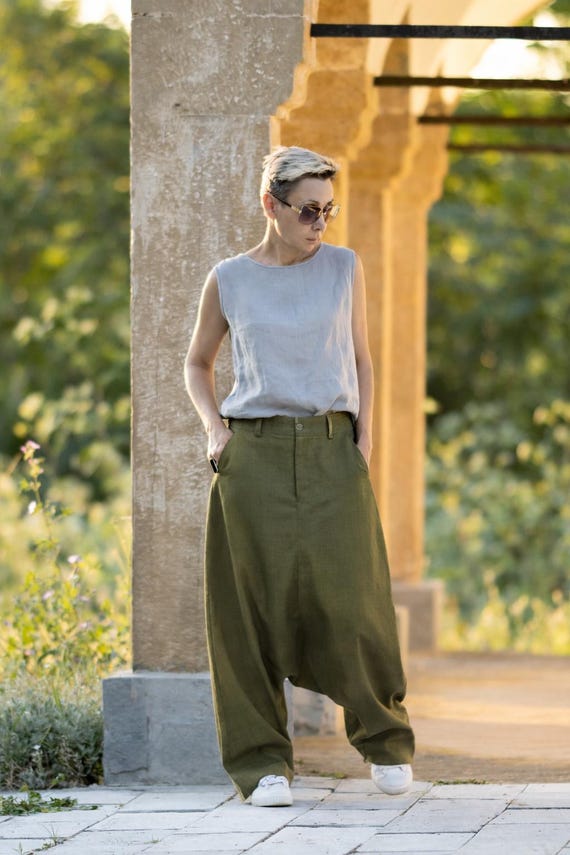 サルセーション　Crotch Pants Army Green Military Linen Drop Crotch Harem Pants Wide Leg Relaxed Fit - Etsy