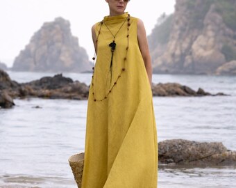 Mustard Linen Sleeveless Maxi Dress High Neck Relaxed Summer Style