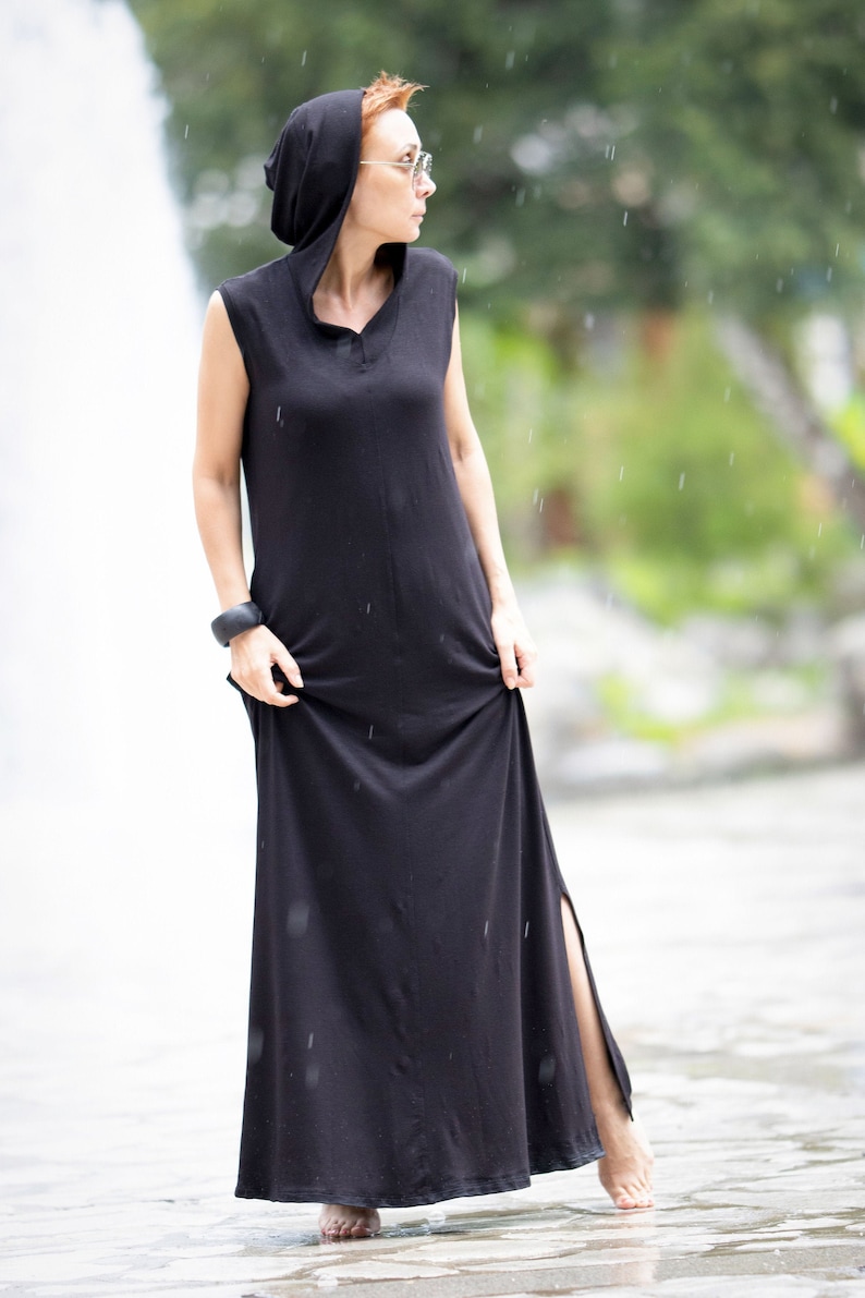 Sleeveless hooded jersey dress with A-line silhouette