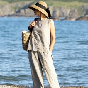 Linnen tweedelig set voor dames, asymmetrische tanktop en wijde broek, mouwloze zomeroutfit, boho-resortkleding, yoga-outfit zomer