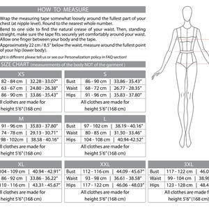 Size chart with detailed body measurements for accurate fit selection