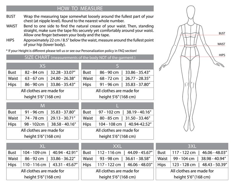 Size chart with detailed body measurements for accurate fit selection