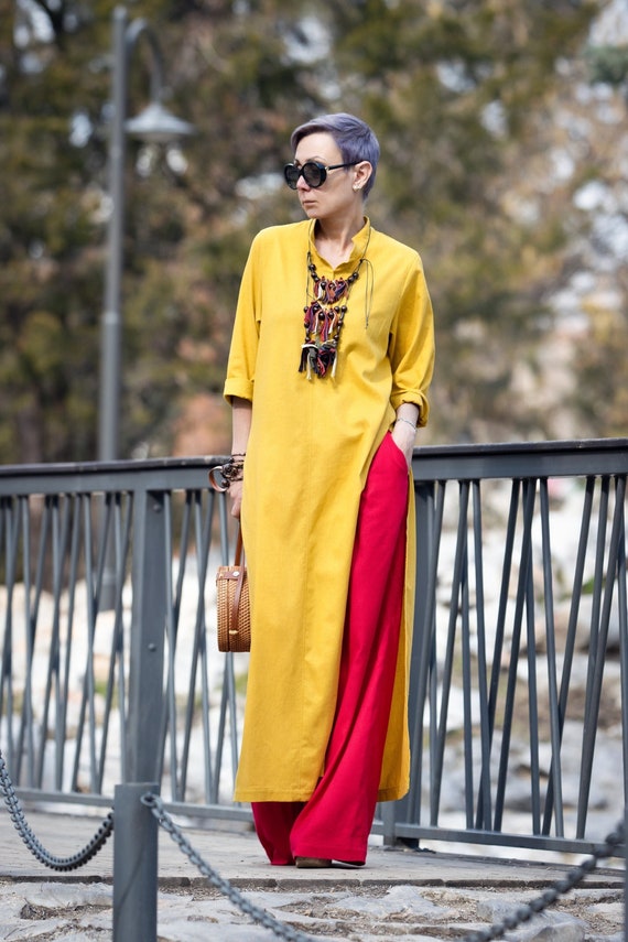 Linen Pants Set Long Tunic Wide Leg Pants Two Piece Summer Outfit
