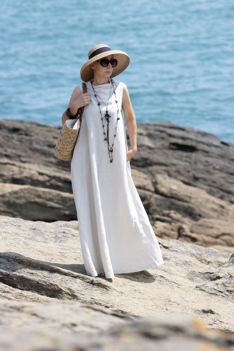 Linen Dress Women, Long Linen Dress, Natural Linen Clothing, Maxi Kaftan, Sleeveless Dress, Summer Maxi Dress,Floor Dress,Dress with Pockets image 1