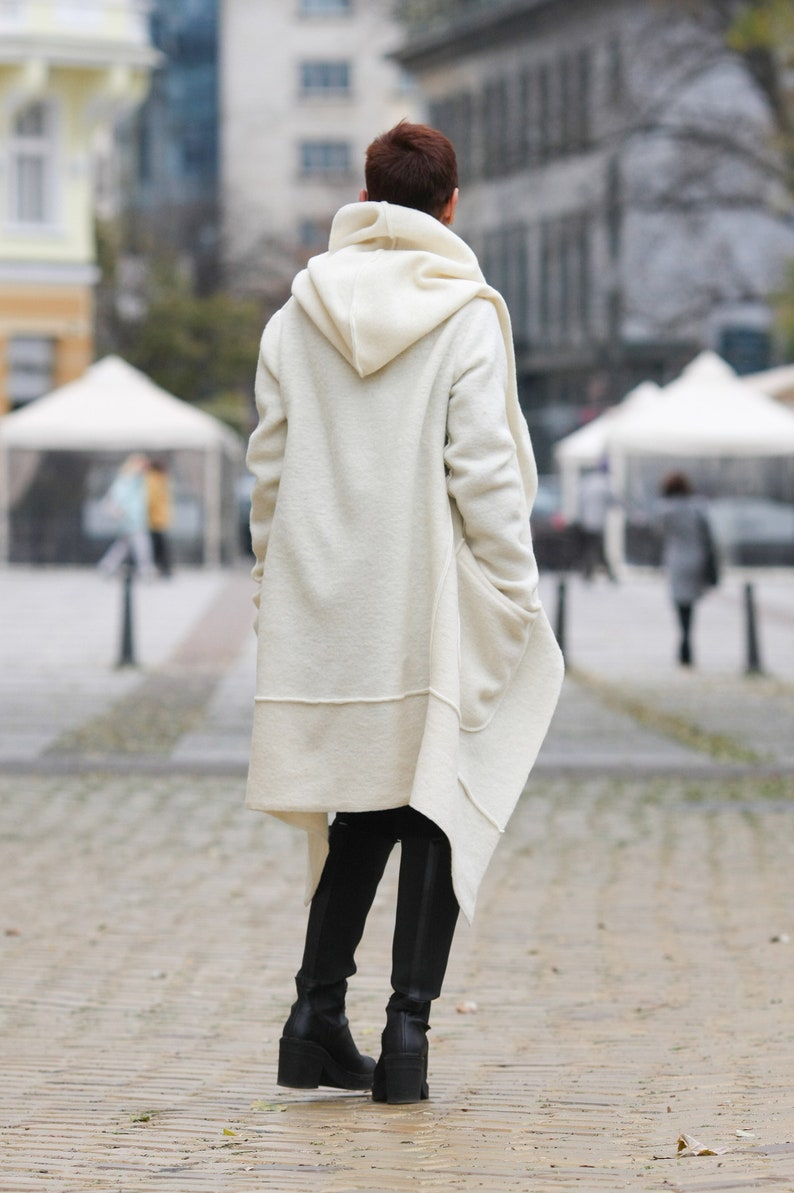 Hooded coat for women/ White coat/ Wool cardigan/ Wool coat/ Cloak women/ Coat with pocket/ Designer top/ Fashion coat/ Unisex coat/ Belt image 6