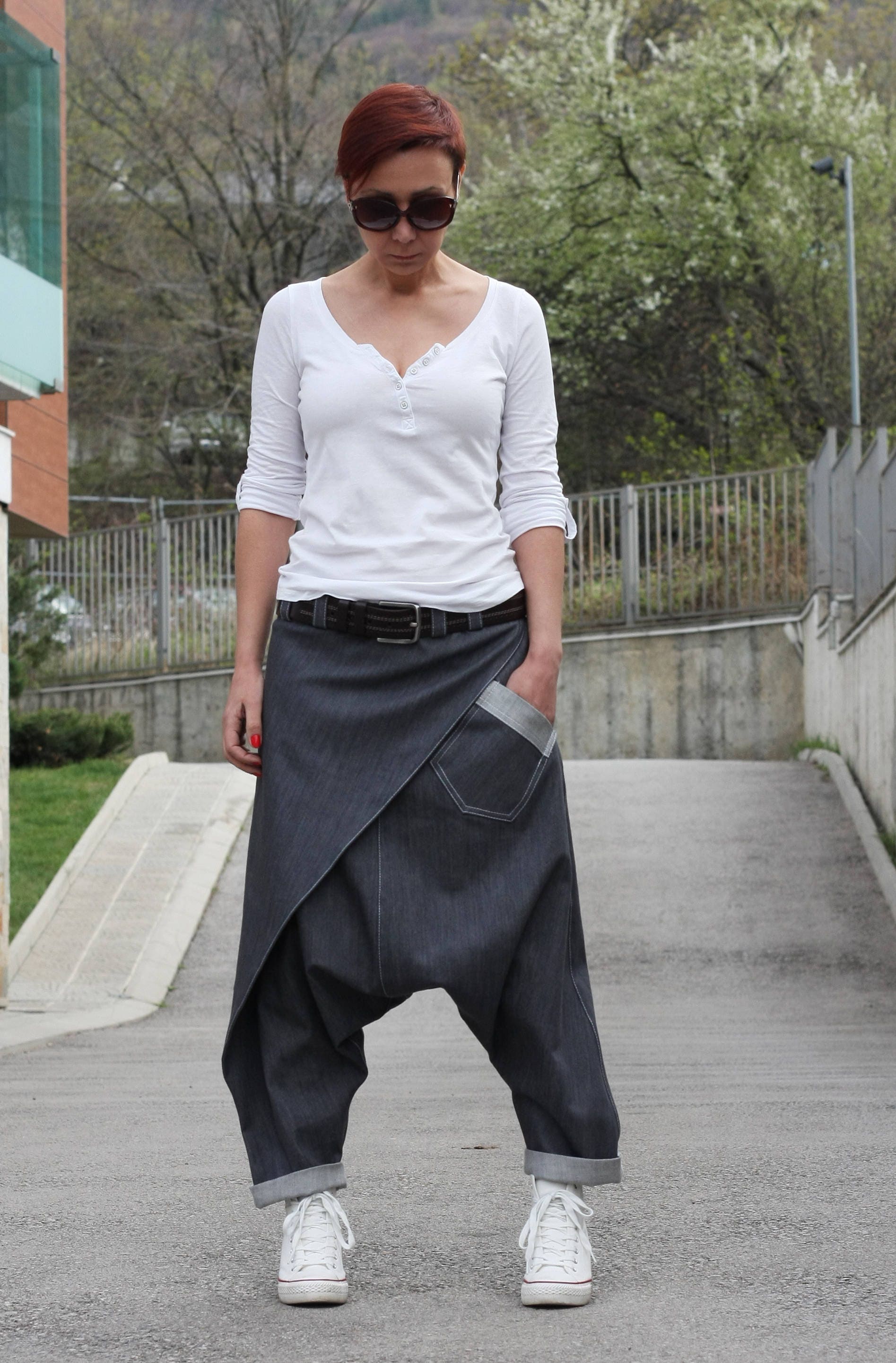 Unisex Harem Pants/ White Denim Pants 