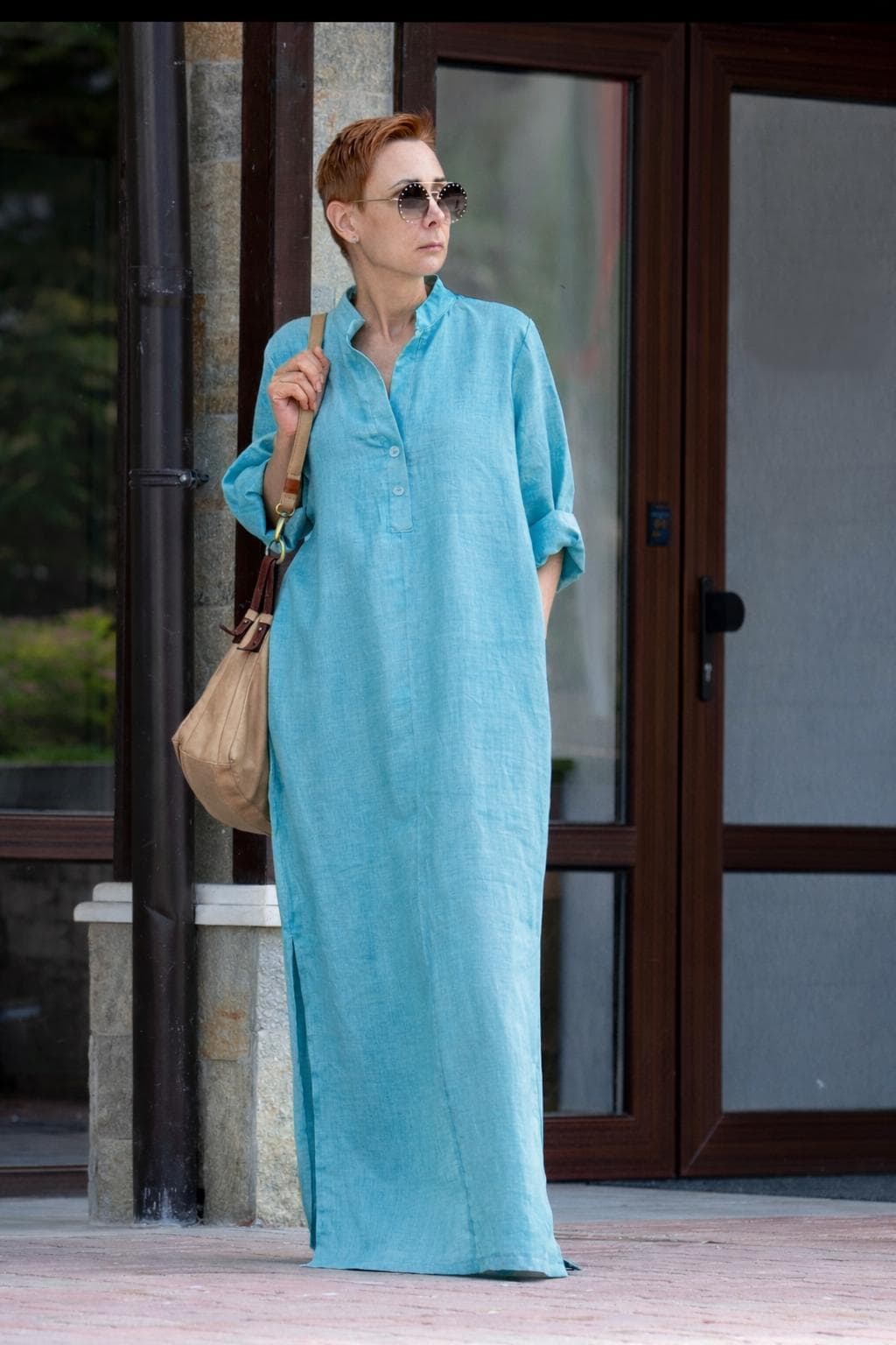 Maxi Abito da Donna Minimalista Cotone e Lino Patchwork Monopetto