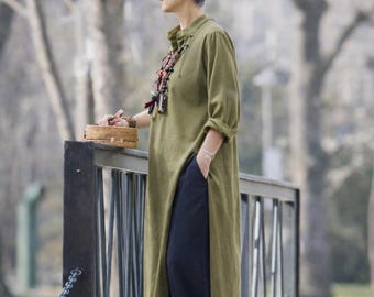 Summer Linen Outfit Long Tunic Wide Leg Pants Comfortable Two Piece Set