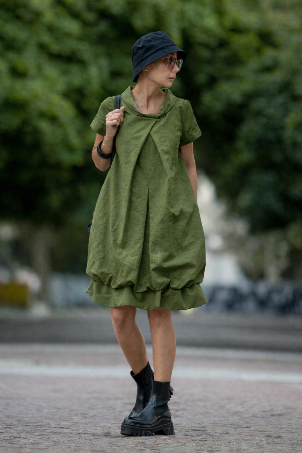 Buy Turquoise Linen Summer Dress Midi Short Sleeve Loose Fit