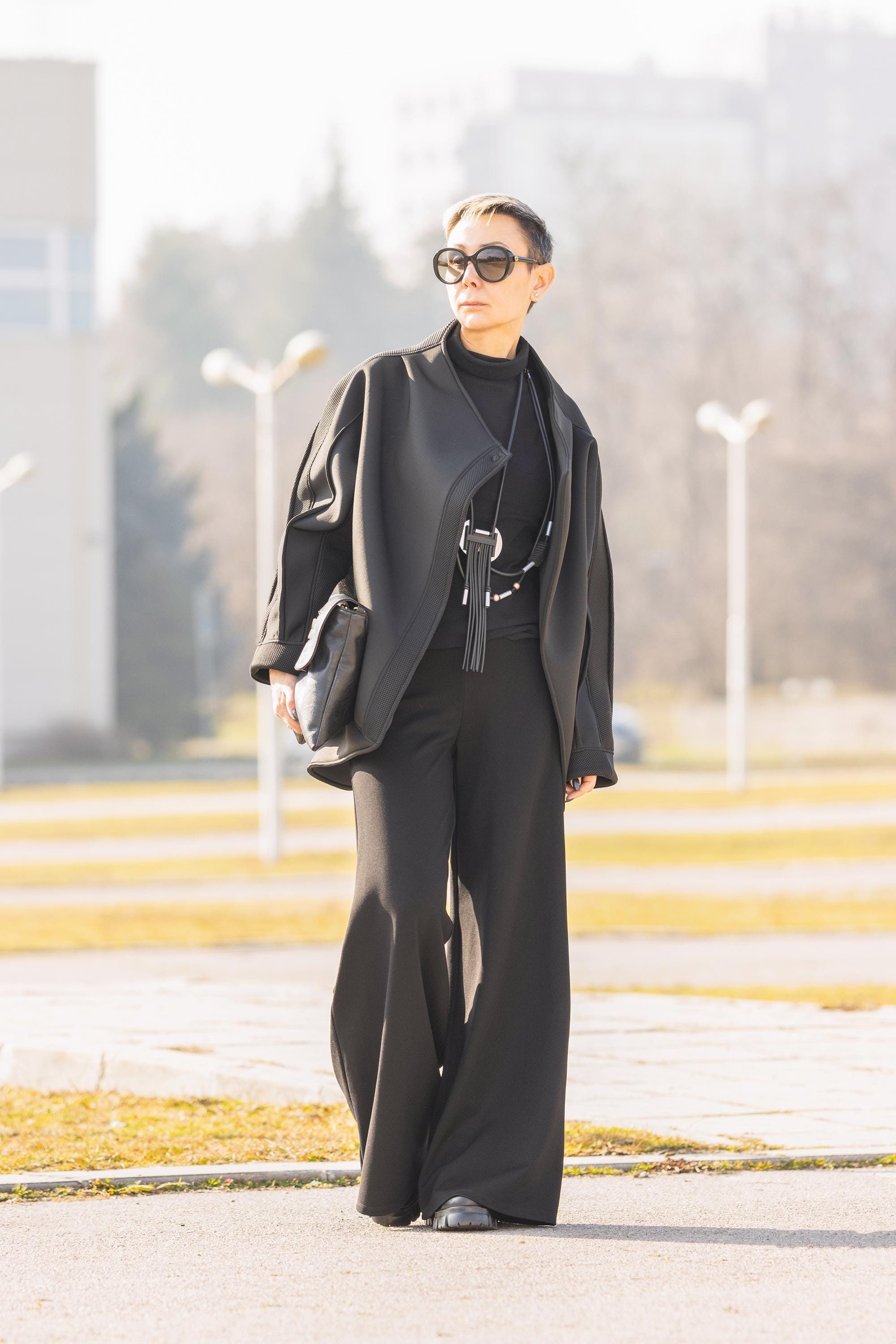 Short Black Coat – Lightweight Fall Jacket for Women, High Collar