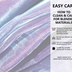 May include: Easy care instructions for blended materials.  Wash at a maximum temperature of 30&deg;C, do not use chlorine-based bleach, iron at a maximum temperature of 150&deg;C, and tumble dry possible with no heat or air. Wash inside out and with similar colors.