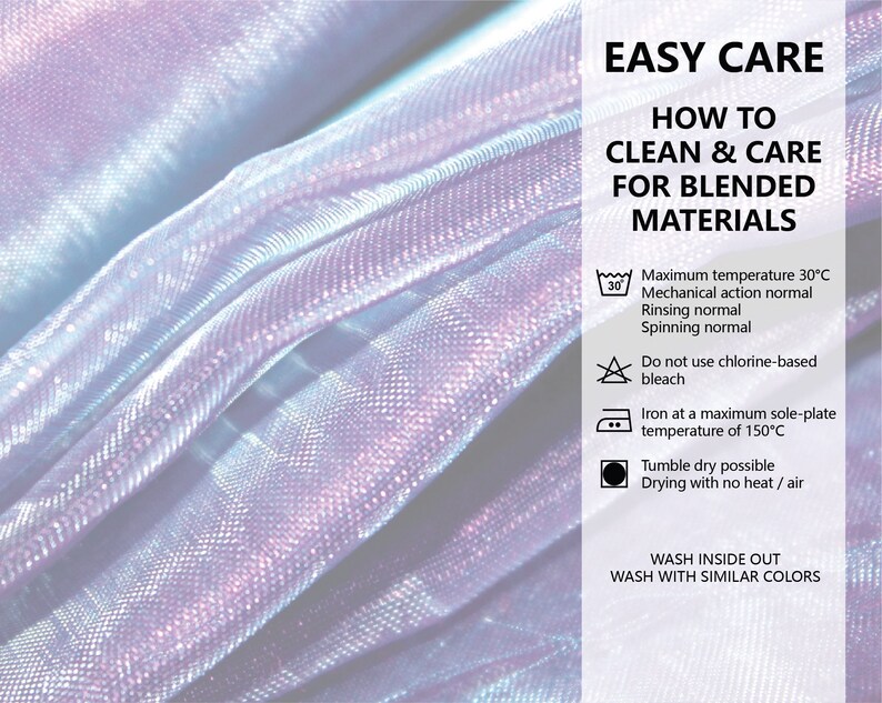 May include: Easy care instructions for blended materials.  Wash at a maximum temperature of 30&deg;C, do not use chlorine-based bleach, iron at a maximum temperature of 150&deg;C, and tumble dry possible with no heat or air. Wash inside out and with similar colors.
