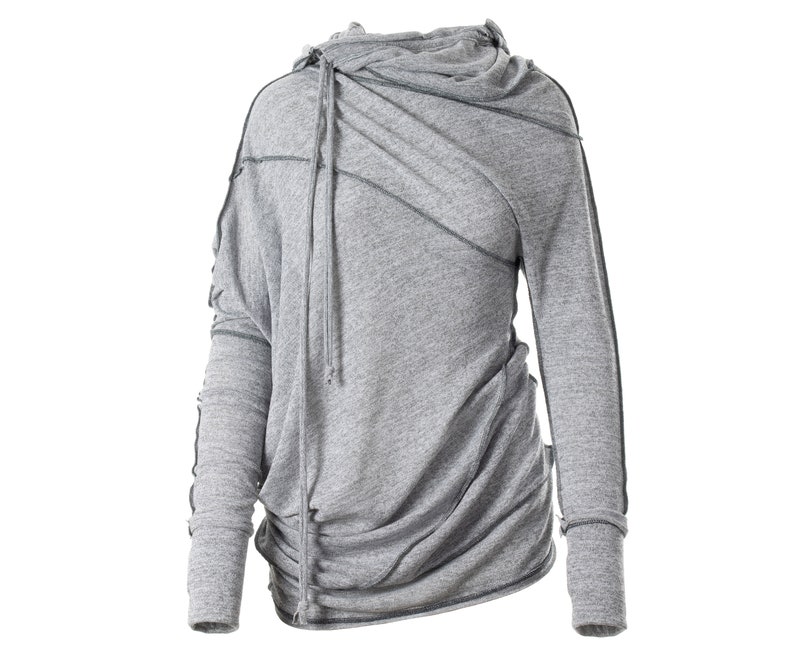May include: Gray hooded sweatshirt with a draped cowl neck and long sleeves. The sweatshirt has a relaxed fit and a distressed look.
