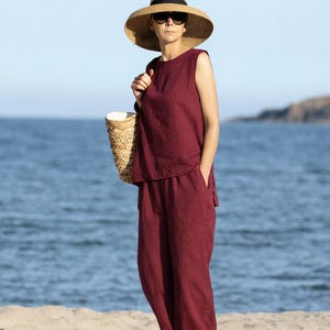 Leinen Zweiteiler Set - Asymmetrisches Tank Top mit Hose mit weitem Bein, ärmelloses Sommer Outfit Bild 1