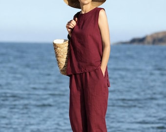 Linen Two Piece Set – Asymmetrical Tank Top with Wide Leg Pants, Sleeveless Summer Outfit