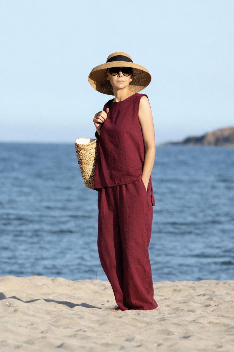 Leinen Zweiteiler Set - Asymmetrisches Tank Top mit Hose mit weitem Bein, ärmelloses Sommer Outfit Bild 1