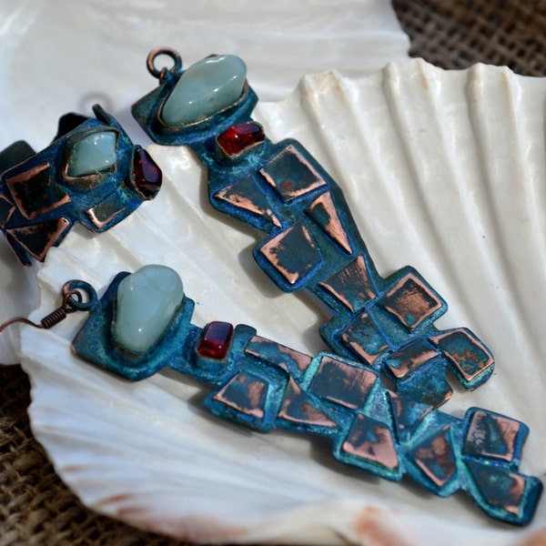 Copper jewelry set "Mosaic", Blue and red, Geometric, Blue Patina