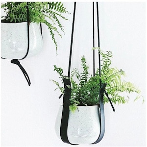 Two Leather Plant Hanger BLACK minimalist,  Gift Indoor hanging planter mid century modern, minimalist indoor leather plant hanger
